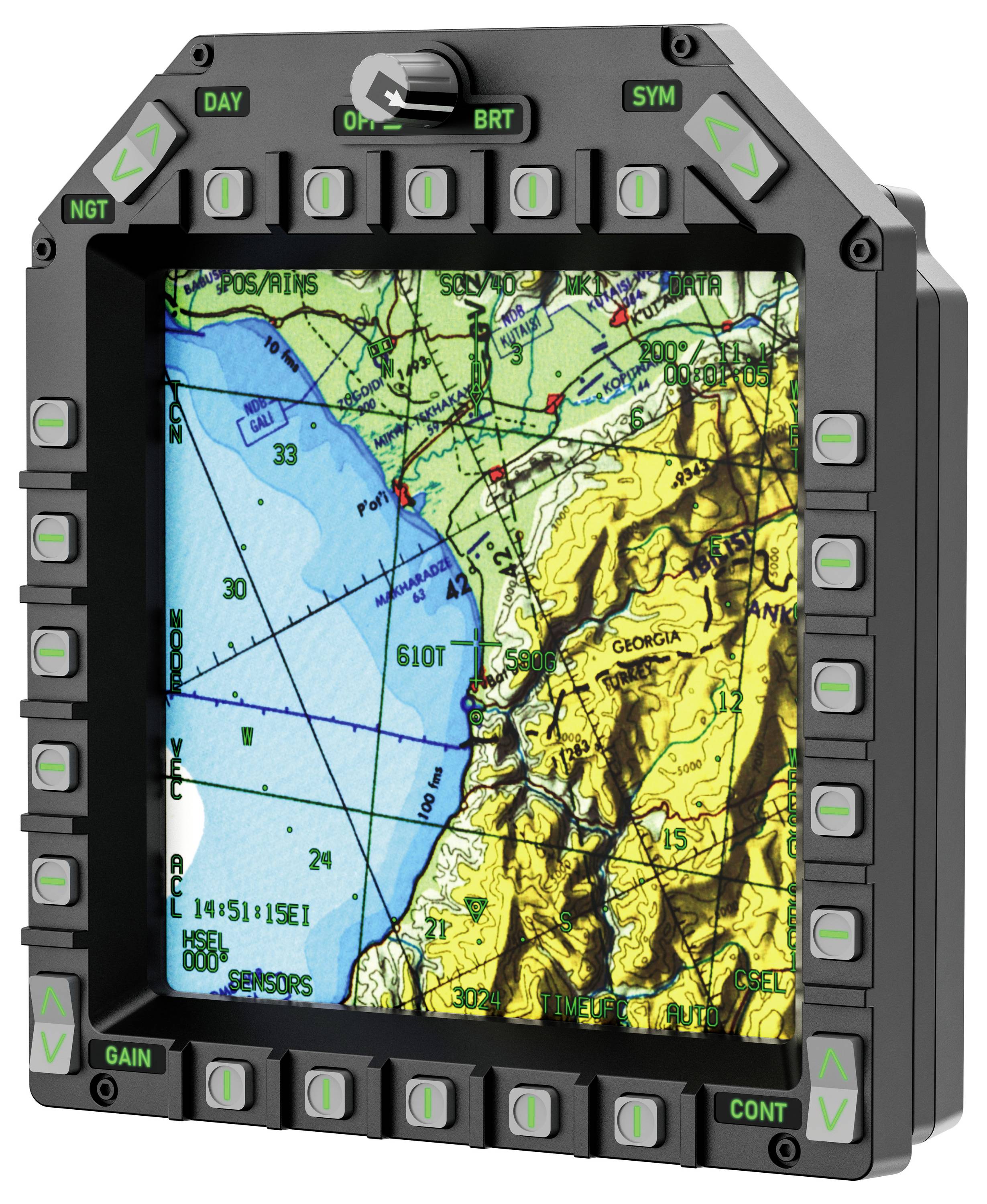 Robustes GPS-/Navigationgerät mit topografischer Karte auf Farbbildschirm, zeigt Küstenlinie und Geländedetails sowie zahlreiche physische Steuertasten rund um die Blende.
