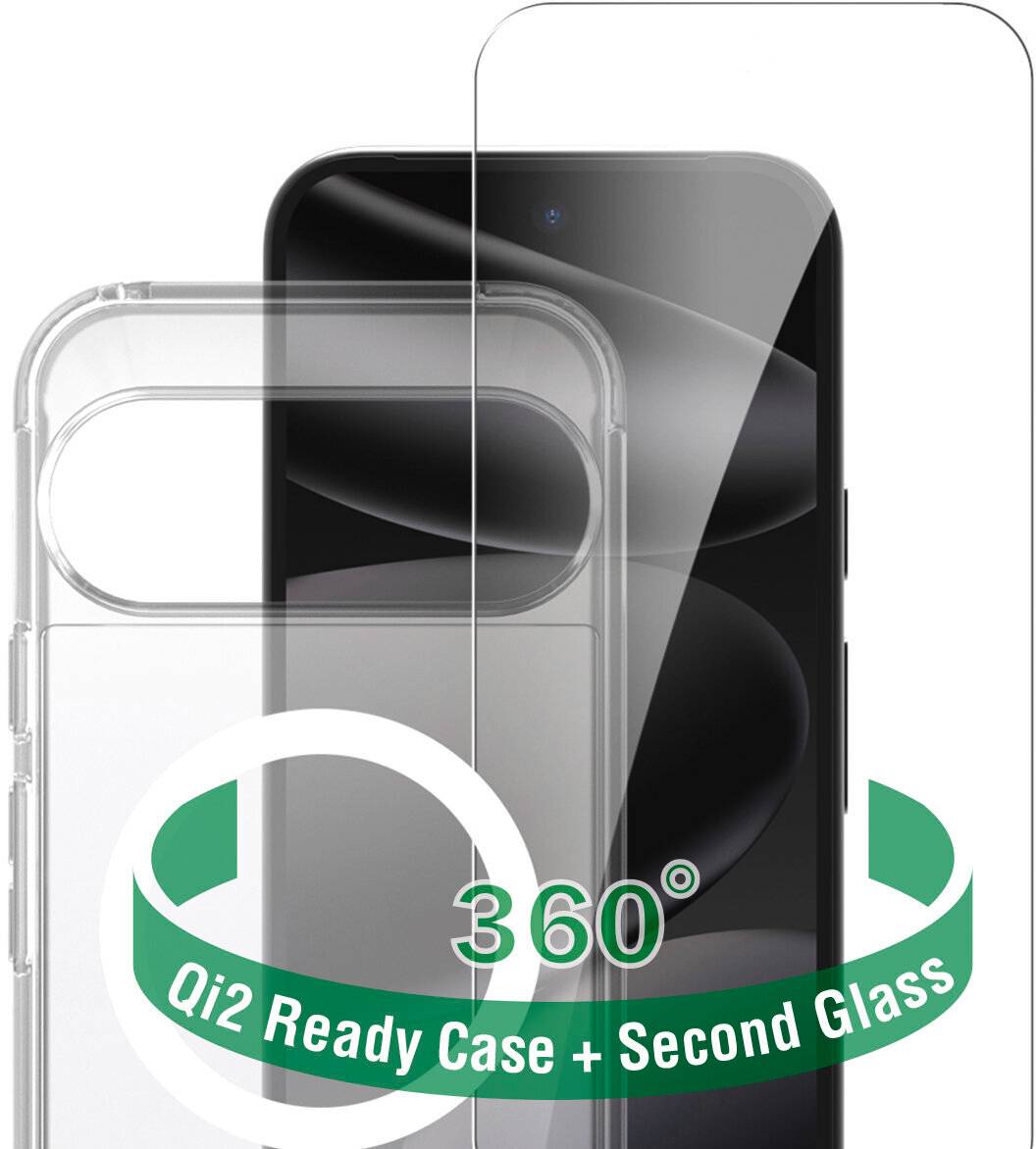 Werbebild eines Handyhüllen-Sets und zweiter Glasschutzfolie mit grünem Band, auf dem „Qi2 Ready Case + Second Glass