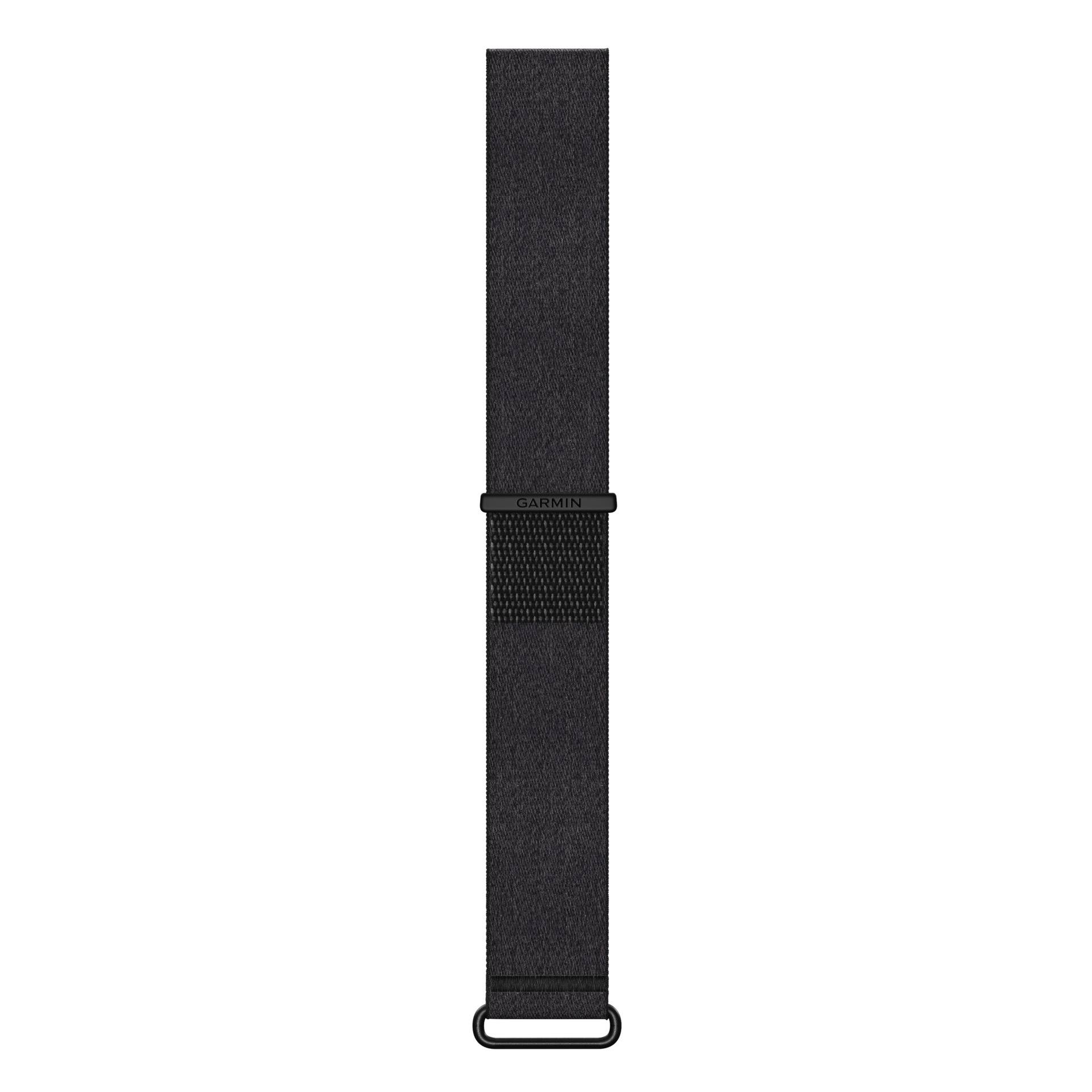Schwarzes Garmin-Uhrenarmband mit strukturiertem Mittelbereich und Metallschnallenschlaufe.