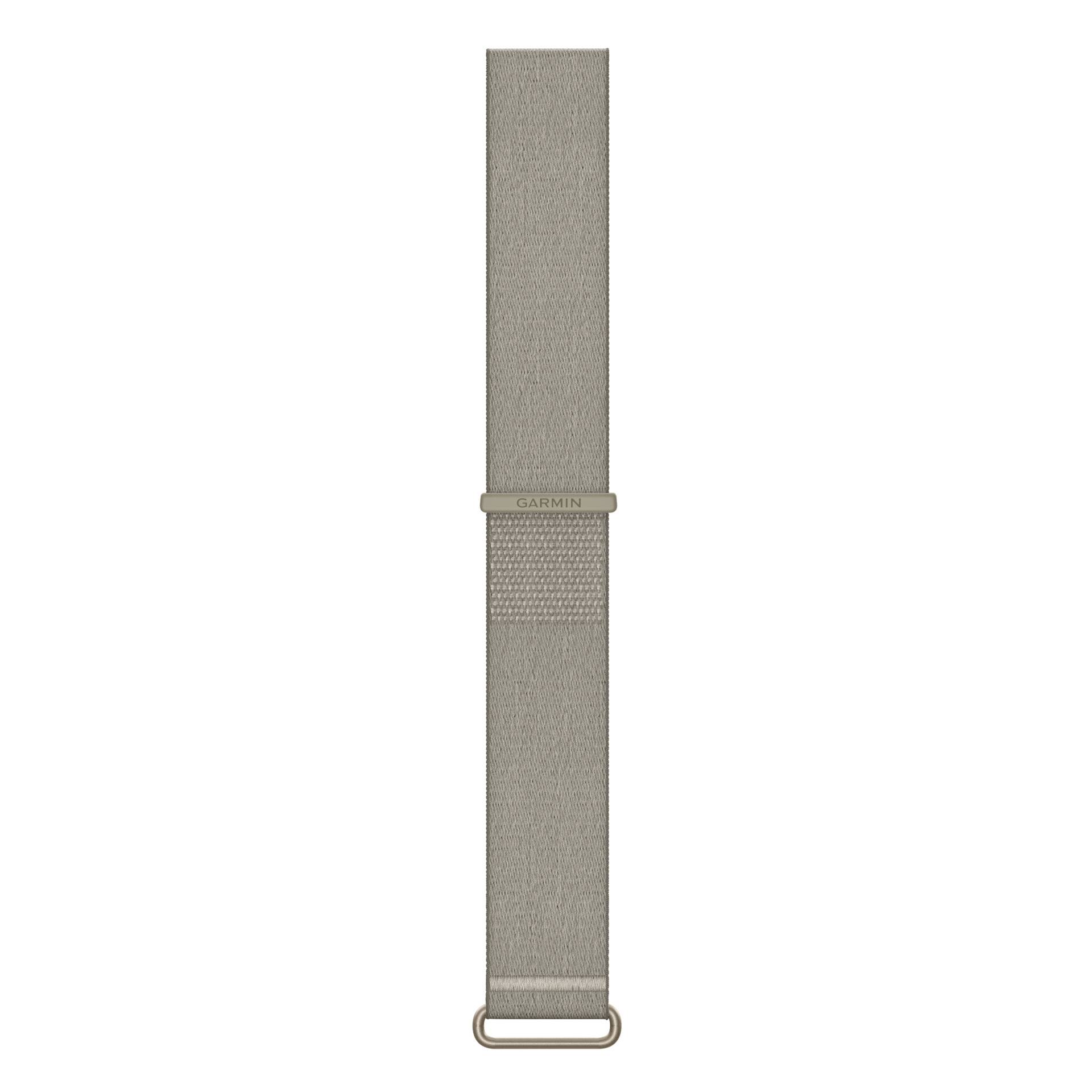Beigefarbiges Garmin-Stoffuhrband mit Metallschnalle und verstellbarer Riemenschlaufe auf weißem Hintergrund.
