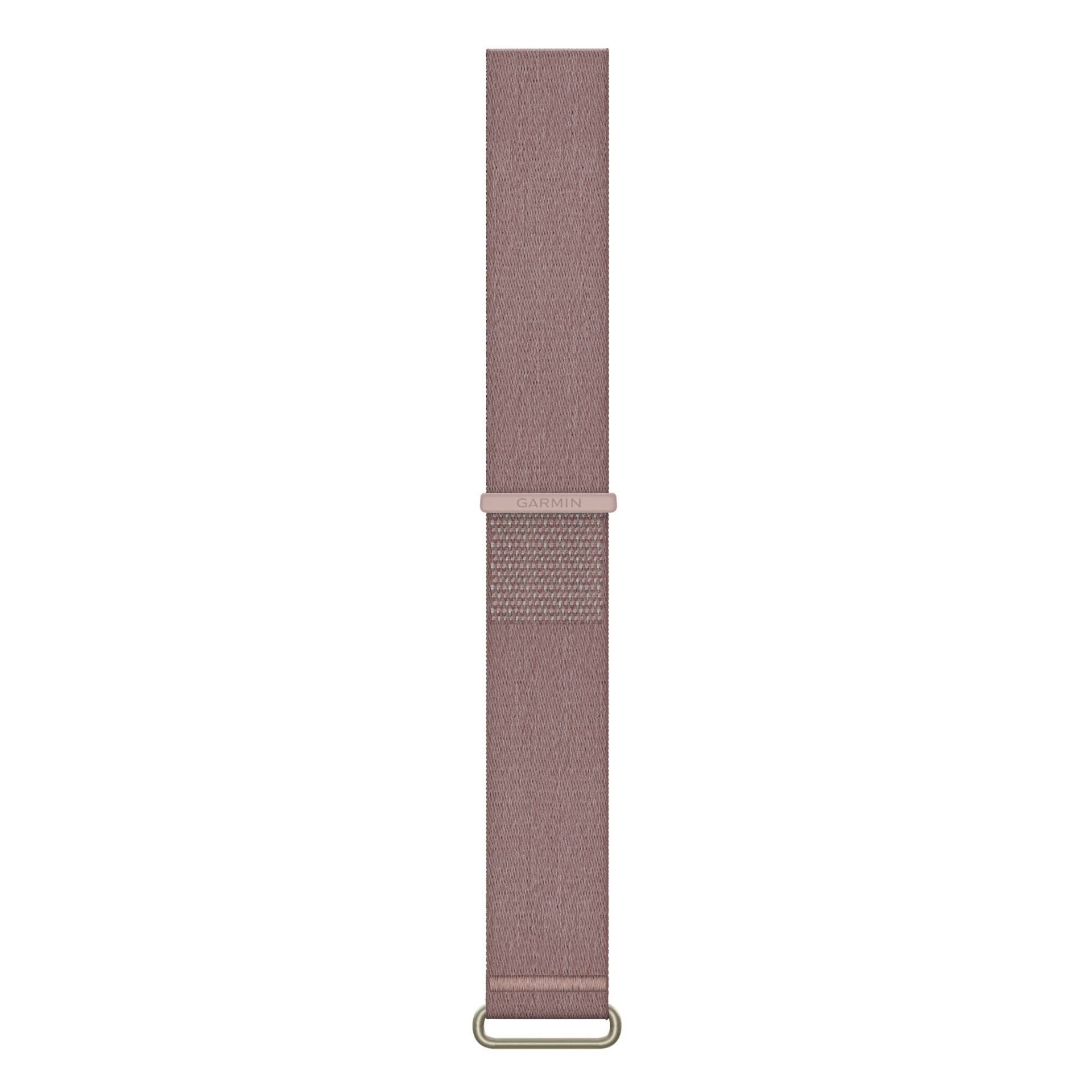 Rosa gewebtes Uhrenarmband mit Metallschnalle, frontal auf einfachem weißem Hintergrund gezeigt.