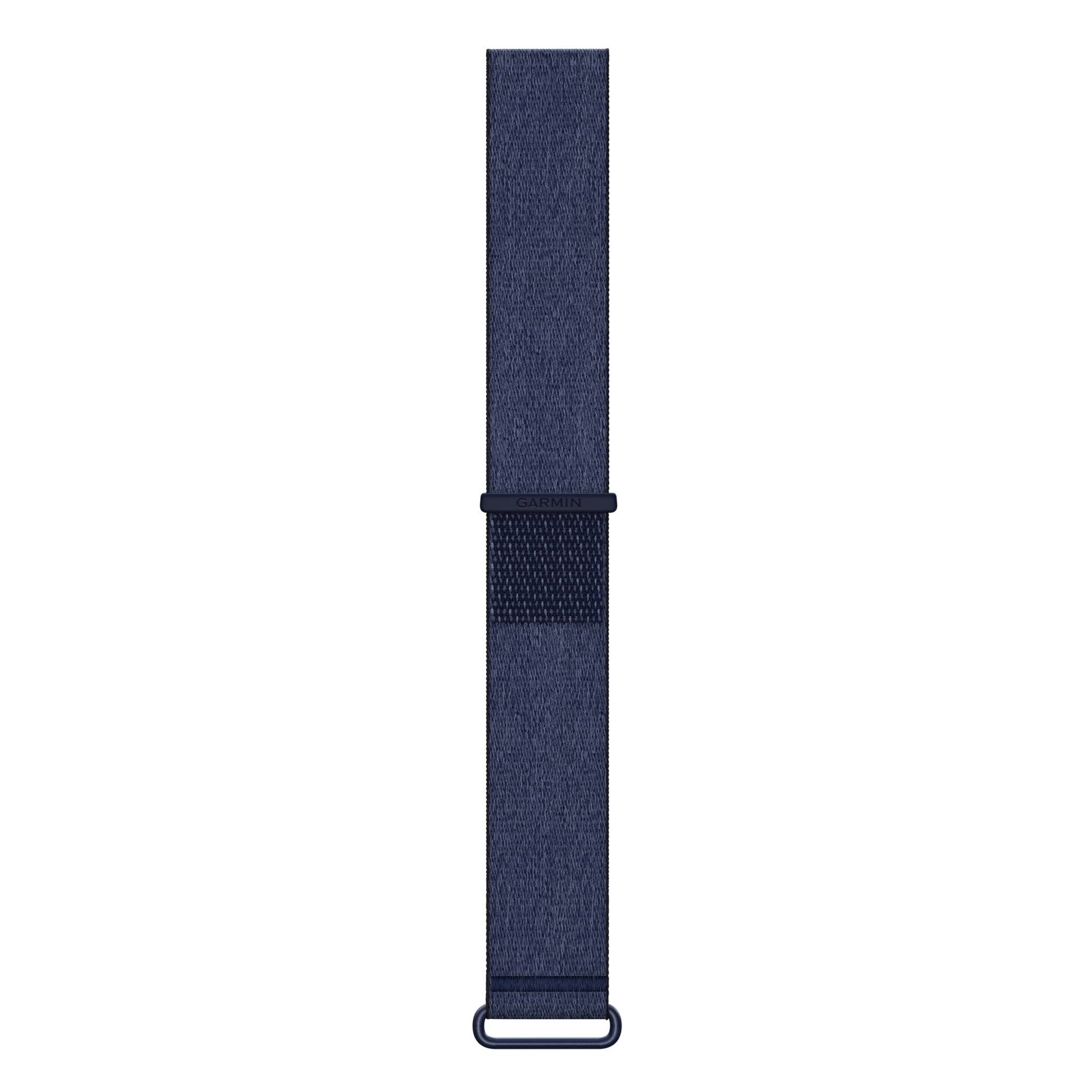 Dunkelblauer Stoff-Uhrenarmband mit silberner Schließenschleife, zentriert auf weißem Hintergrund dargestellt.