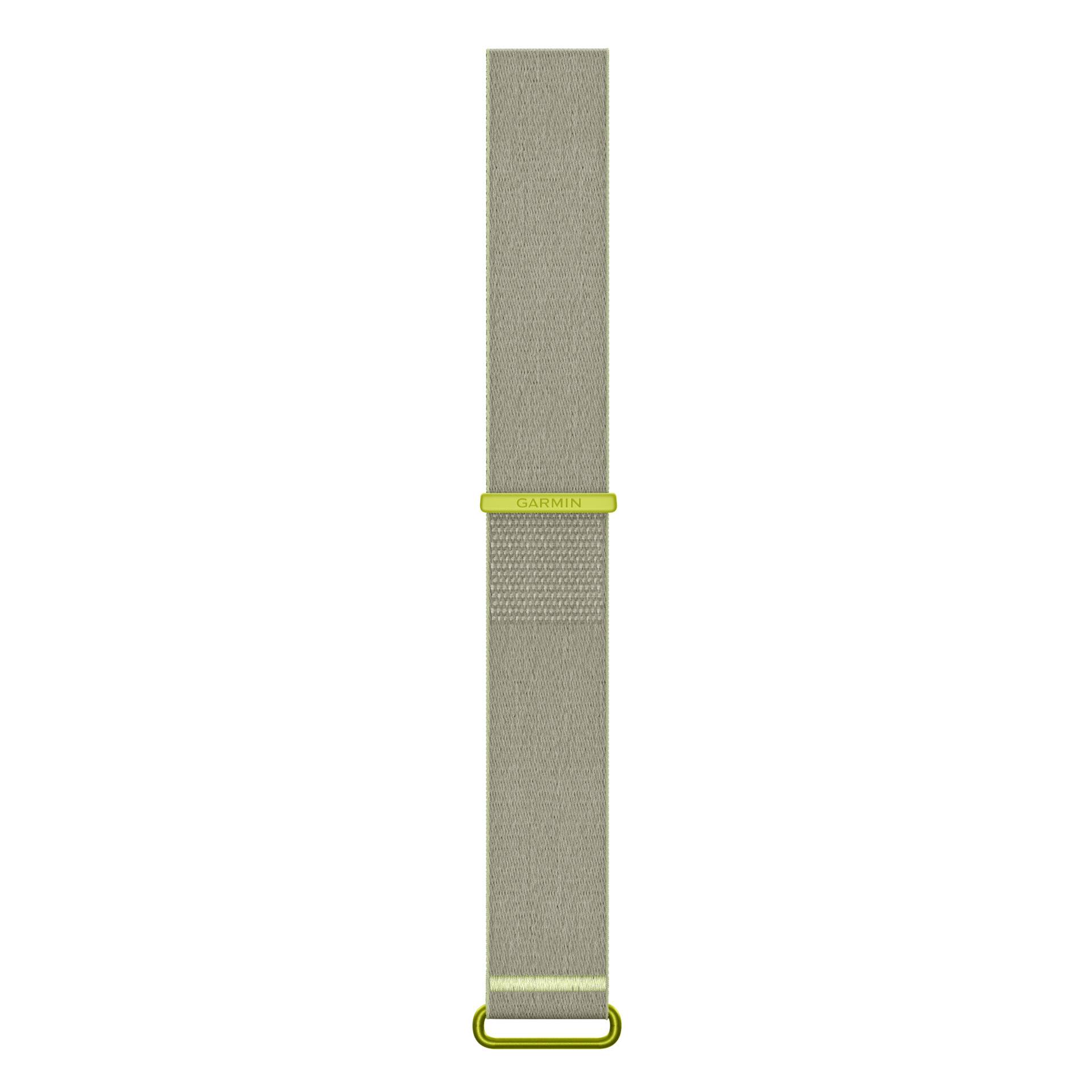 Ein beigefarbenes gewebtes Uhrenarmband mit einem kleinen gelben 'GARMIN'-Etikett und einer gelben Schlaufe am unteren Ende.