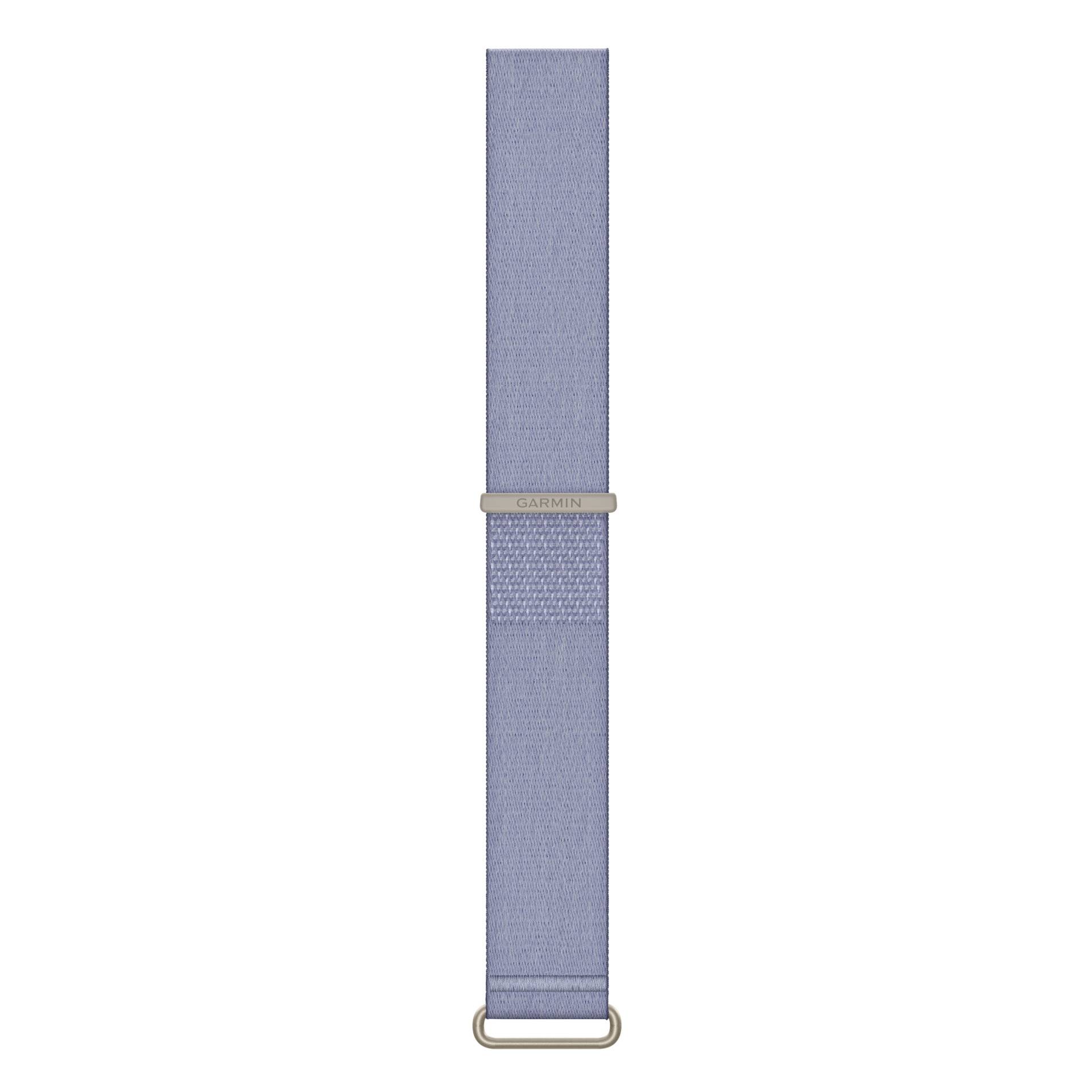Hellblaues Garmin-Uhrenarmband mit Metallschnalle, vertikal auf weißem Hintergrund dargestellt.