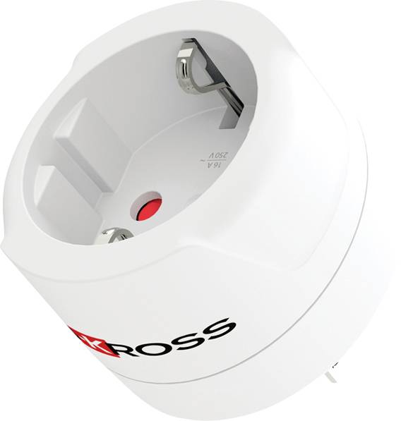 Weißer Ross-Markenelektrostecker-Wandadapter mit europäischem Steckdosentyp und rotem Anzeigeknopf, dargestellt vor einem einfachen Hintergrund.