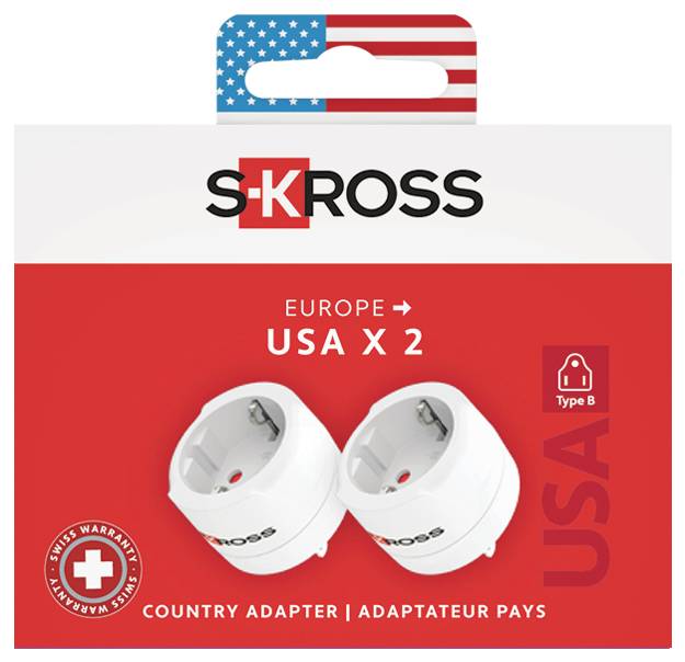 SKROSS-Reiseadapter-Set für Europa bis USA, zeigt zwei Typ-B-Adapter und eine Kopfzeile mit der USA-Flagge.