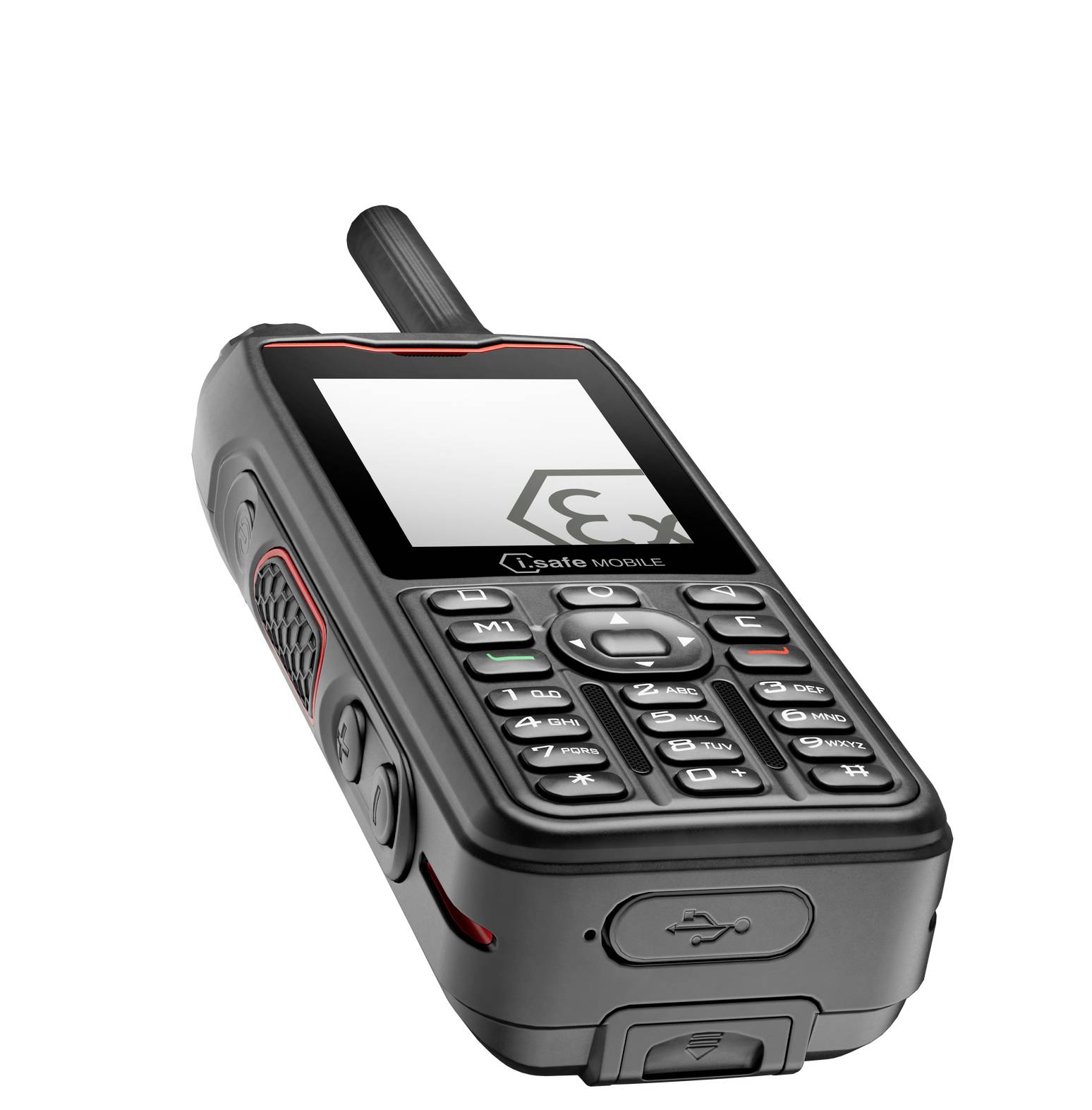 Schwarzes Outdoor-Mobiltelefon mit Antenne und robustem Gehäuse, schräg dargestellt auf weißem Hintergrund.