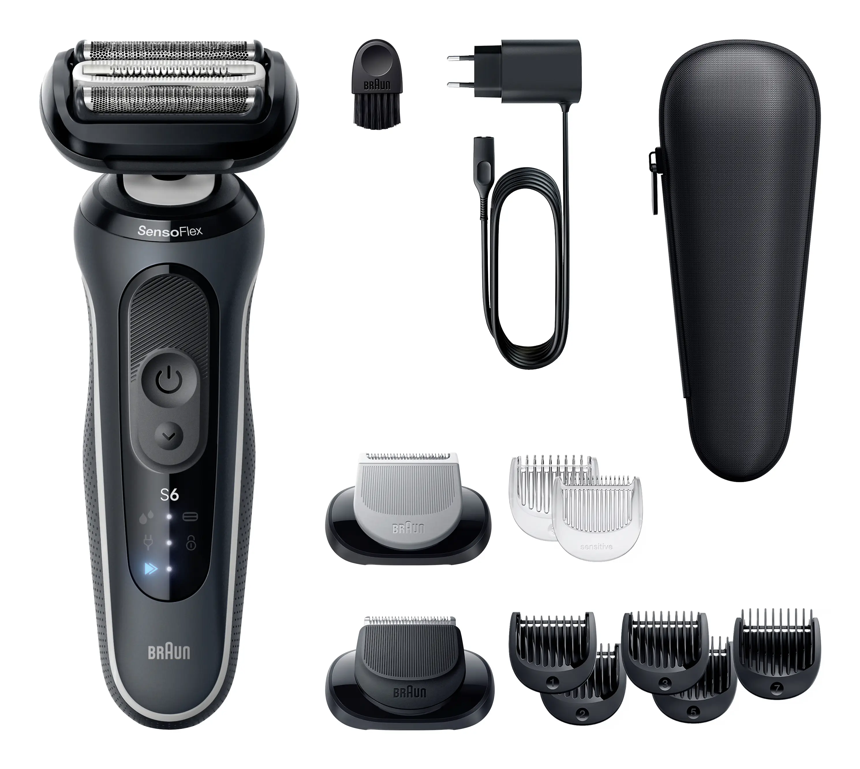 Braun Series 6 Elektrorasierer-Set mit Rasierer, Reiseetui, Ladekabel, Reinigungsbürste und mehreren Trimm-Kämmen und Aufsätzen.