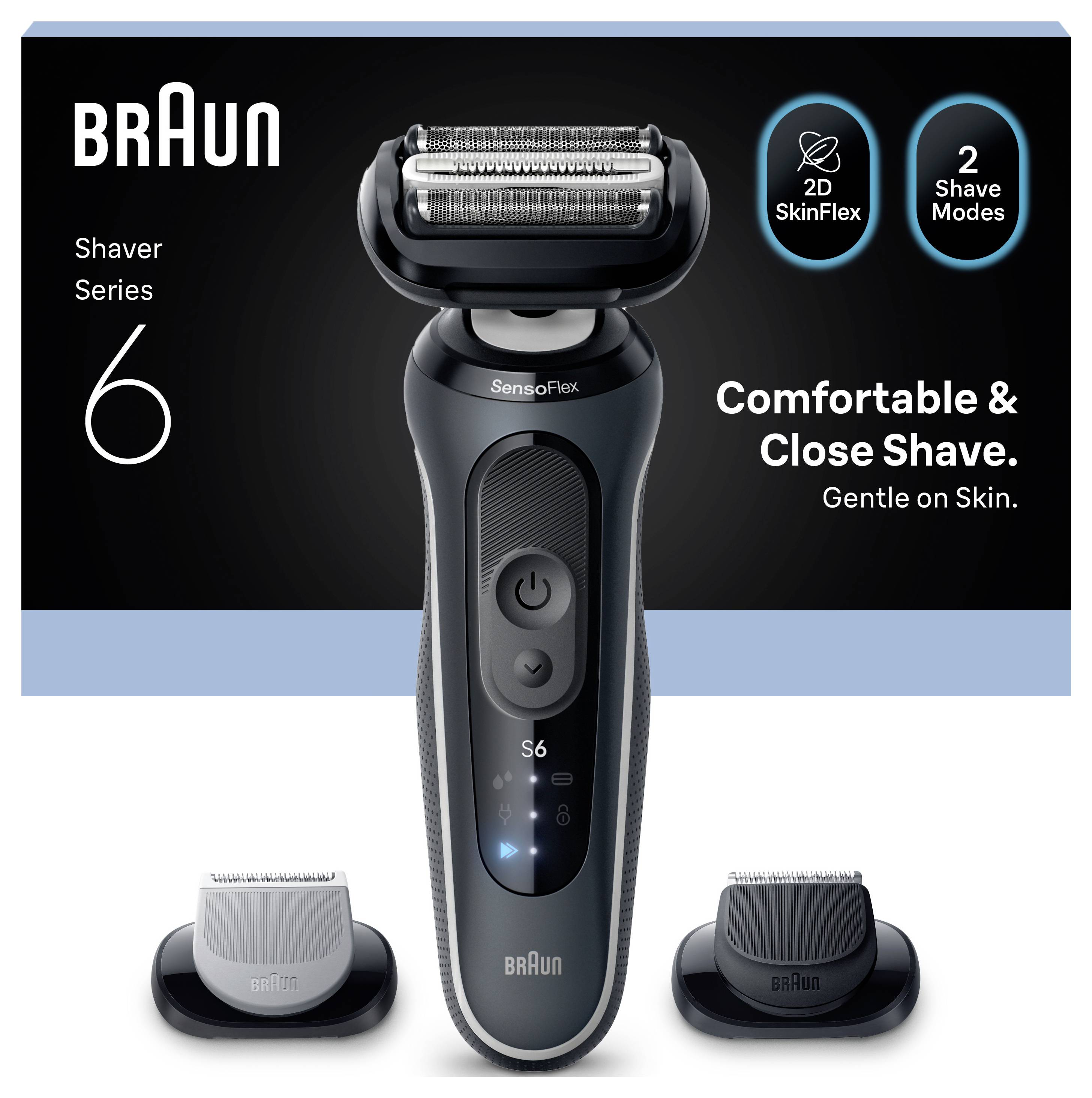 Braun Series 6 Elektrorasierer in der Mitte, mit dem Text "Angenehme & enge Rasur", 2D SkinFlex und 2 Rasiermodi, plus zwei Lade-/Trimmzubehörteile darunter.