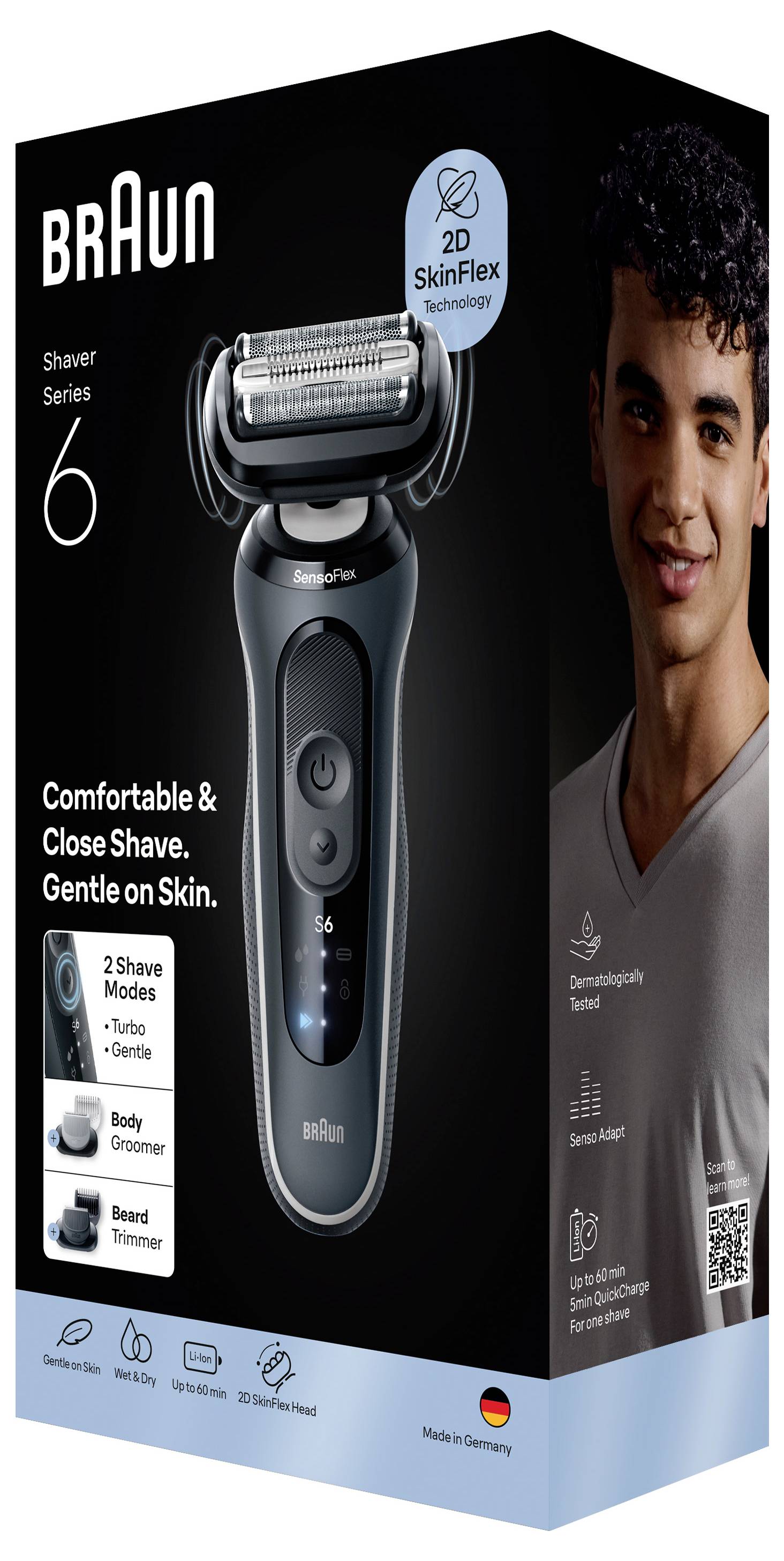 Braun Series 6 Elektrorasierer-Box mit Produktabbildung und lächelndem Mann, die 2D SkinFlex-Technologie, angenehm enge Rasur und 2 Rasurmodi hervorheben.