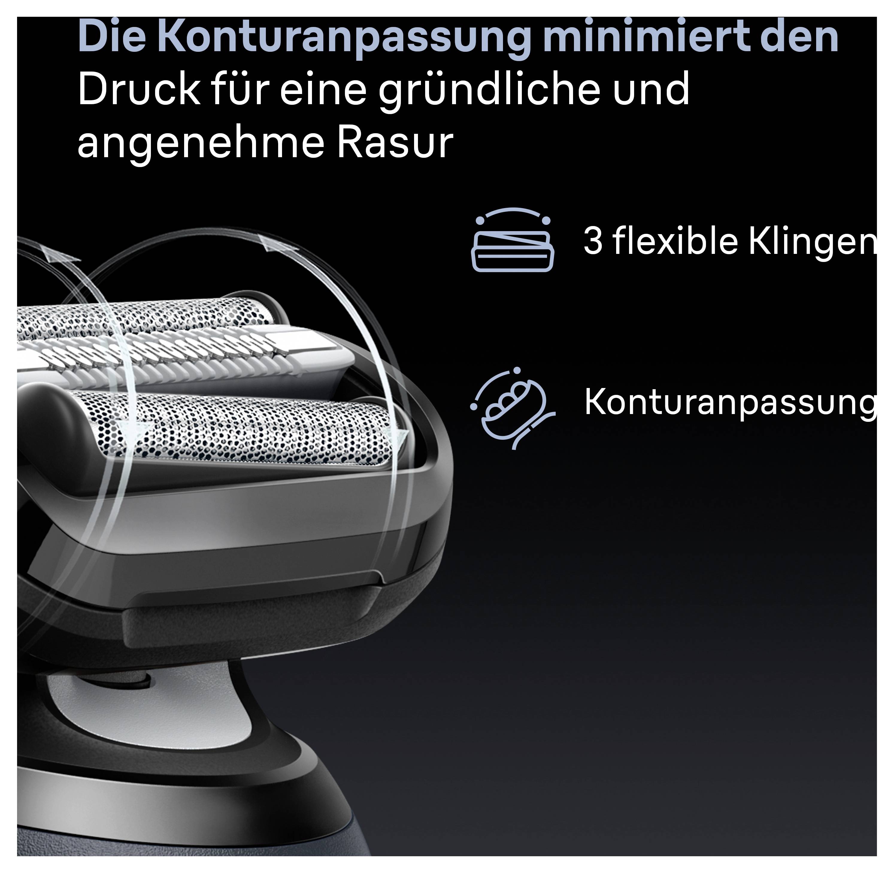Elektrorasiererköpfe mit drei flexiblen Klingen und Konturanpassung; der deutsche Text besagt, dass die Konturanpassung den Druck minimiert, um eine gründliche und angenehme Rasur zu ermöglichen.