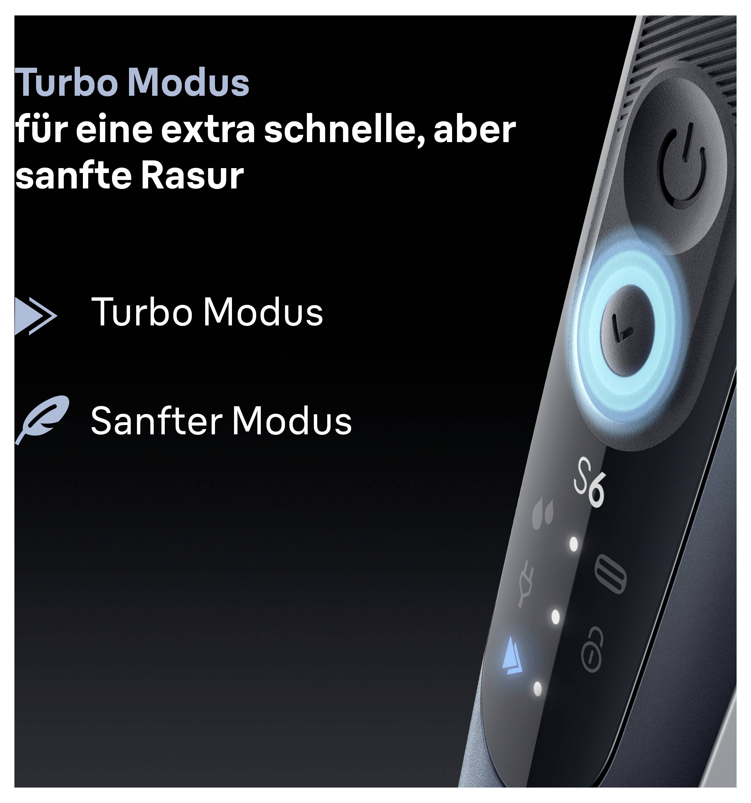 Produktgrafik eines Elektrorasierers, der den Turbomodus für extra schnelles Rasieren und den Sanften Modus für eine sanftere Rasur zeigt, mit beleuchtetem Modusschalter und Symbolen.