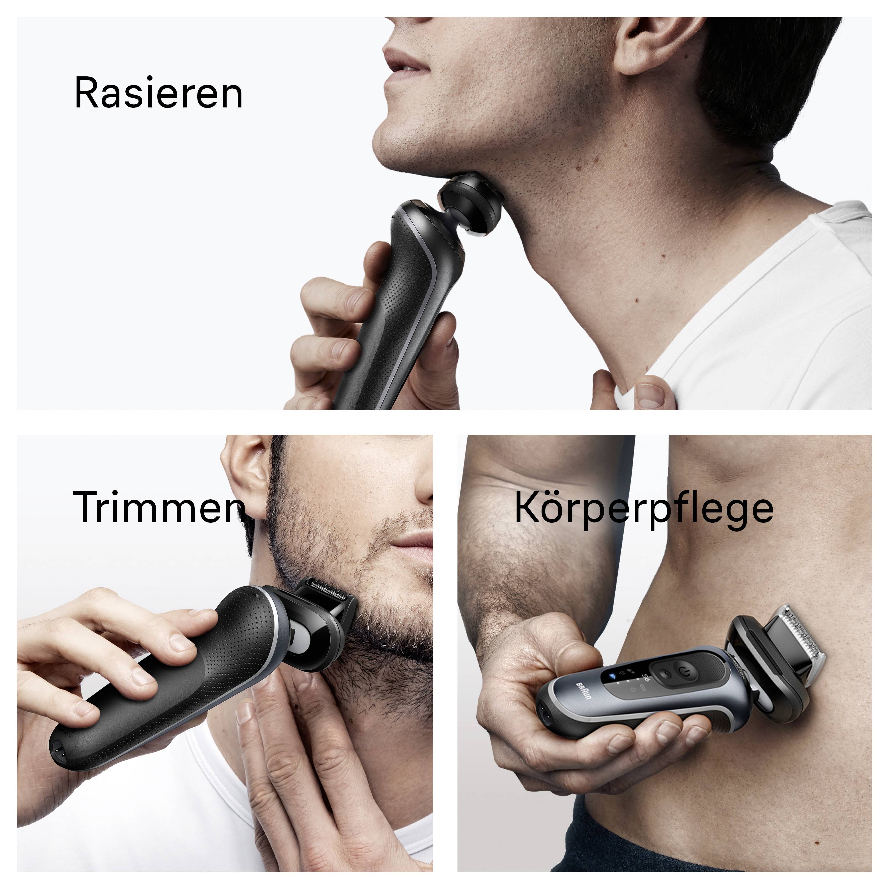 Collage zeigt einen Mann, der einen elektrischen Rasierer zum 'Rasieren', 'Trimmen' und 'Körperpflege' im Gesicht, am Hals und am Körper verwendet.