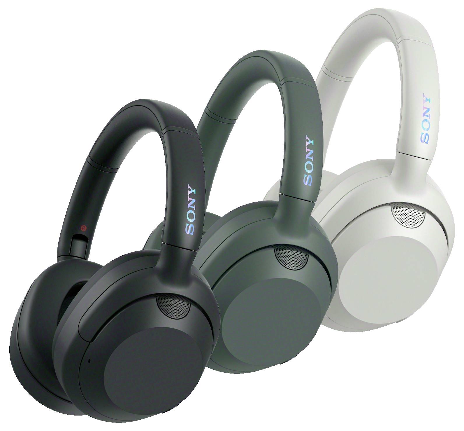 Drei kabellose Over-Ear-Kopfhörer von Sony in Schwarz, Dunkelgrau und Weiß nebeneinander auf weißem Hintergrund dargestellt.