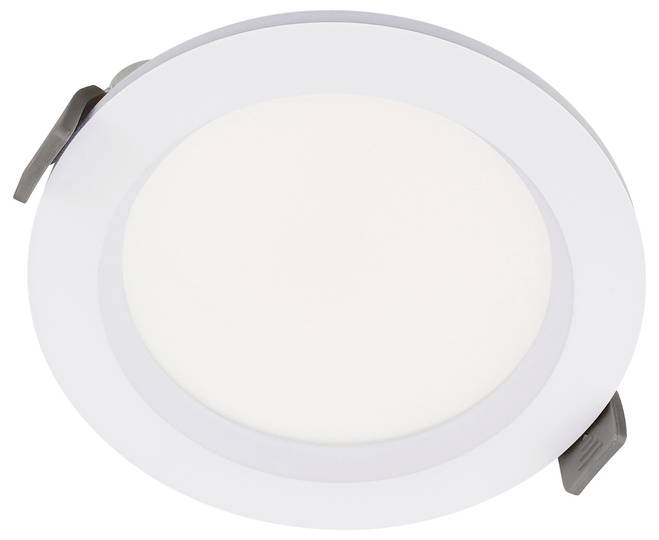 Runde weiße LED-Deckenleuchte zum Einbau mit sichtbaren Federclips an den Seiten.
