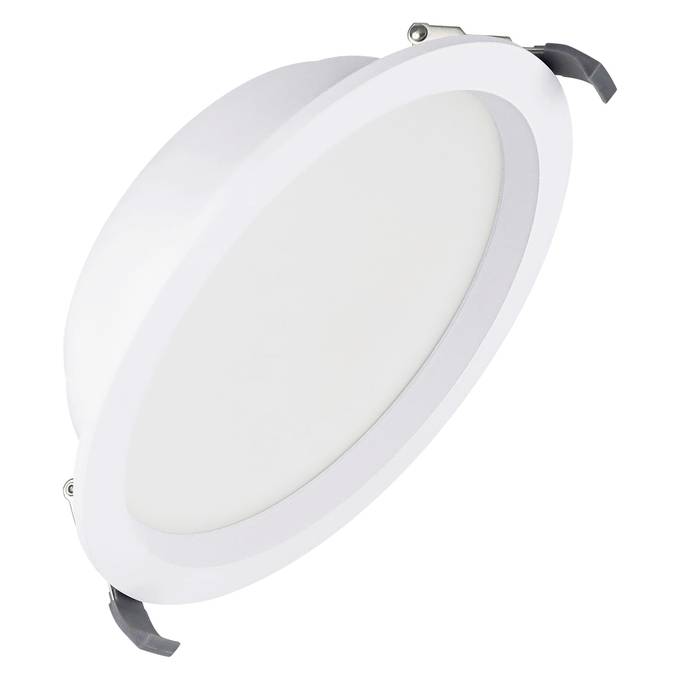 Rundes, eingelassenes LED-Deckenleuchten-Panel mit Federclips auf weißem Hintergrund.