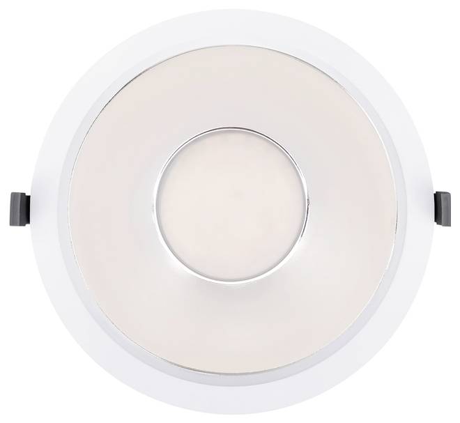 Runde weiße LED-Einbauleuchte für die Decke mit zentraler Mattglaslinse und seitlichen Spannclips, Vorderansicht dargestellt.