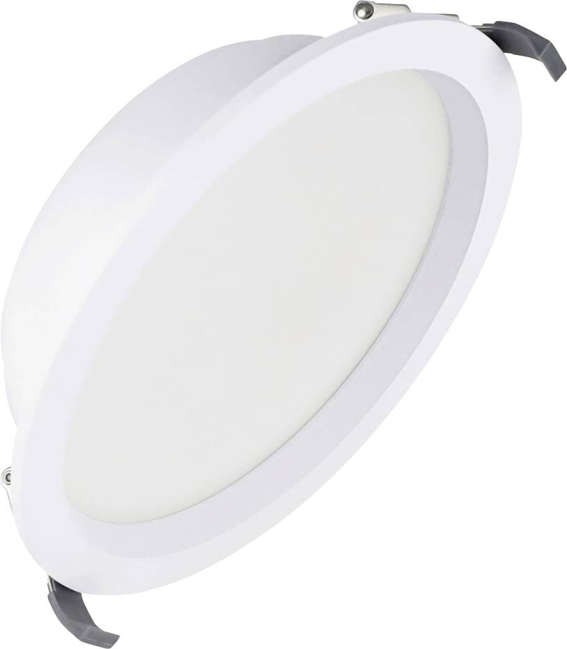 Rundes weißes LED-Deckenflächenlicht mit Befestigungsclips, gezeigt vor einem neutralen Hintergrund.