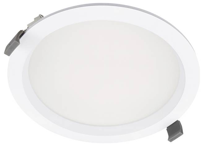 Rundiges, flächenbündiges LED-Paneelleuchten-Set mit weißem Diffusor und zwei Metall-Federklemmen für die Installation.
