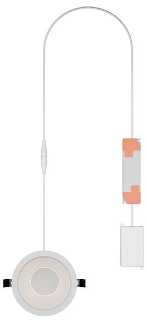 Ein rundes Deckenleuchte-Pendelleuchte mit einem langen weißen Kabel und einer angebrachten rechteckigen Kontrollbox, die daneben hängt.