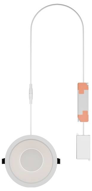 Ein rundes kabelloses Ladegerät mit weißem Kabel, das rechts mit einem Smartphone und darunter mit einem kleinen Zubehörteil verbunden ist.