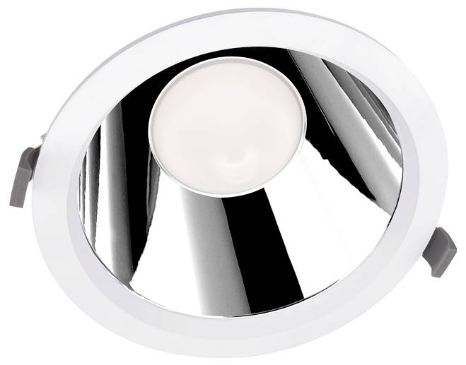 Runde, bündig eingelassene Deckenleuchte mit verspiegeltem reflektivem Innenraum und zentraler Glühbirnenabdeckung, dargestellt vor weißem Hintergrund.