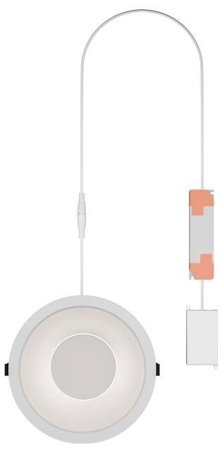 Illustration einer runden Pendelleuchte mit Aufhängeseil, Inline-Schalter und angebrachtem Wandstecker-Adapter.