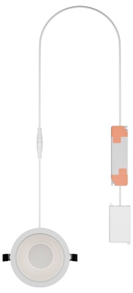 Runde weiße Pendelleuchte mit langem Kabel, Inline-Dimmschalter und rechteckigem Steckeradapter, der daneben hängt.