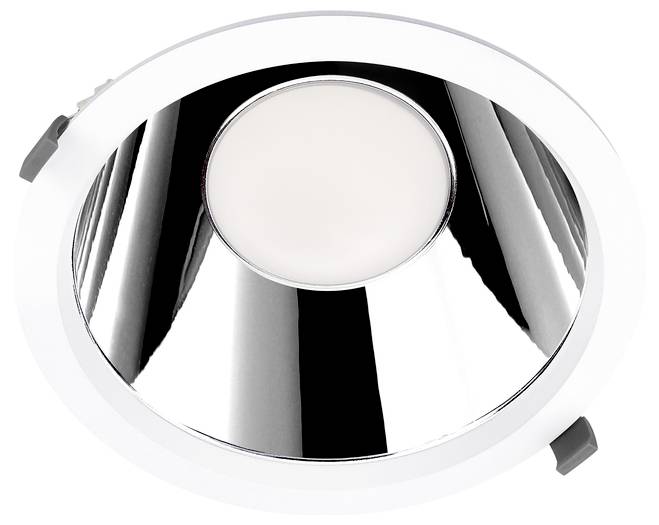 Rundes, bündiges Deckenleuchten-Einbauelement mit weißem Rand und reflektierendem Chrominneren, von unten dargestellt.