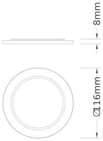 Technische Zeichnung eines kreisförmigen Ringes oder einer Fassung, dargestellt in Seiten- und Draufsicht, beschriftet mit 8 mm Dicke und 16 mm Durchmesser.