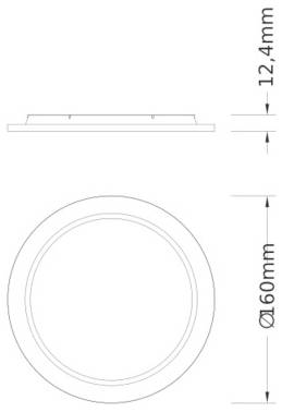 Technische Zeichnung einer runden, versenkt eingebauten Leuchte mit Seiten- und Draufsicht sowie Maßen: 12,4 mm stark und 60 mm Durchmesser.