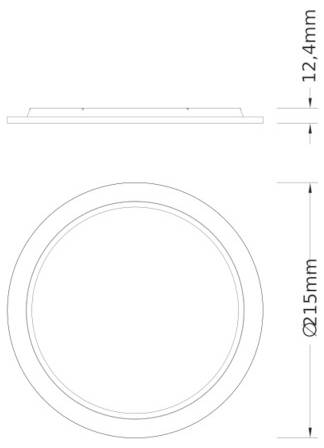 Technische Zeichnung einer kreisförmigen Leuchte, die Vorder- und Seitenansichten mit Abmessungen zeigt: 215 mm Durchmesser und 12,4 mm Höhe.