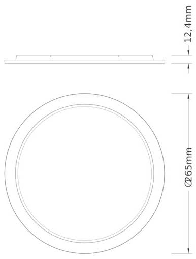 Technische Zeichnung einer runden, eingelassenen Leuchte, die Seiten- und Frontansicht mit den Abmessungen 65 mm Durchmesser und 12,4 mm Tiefe zeigt.