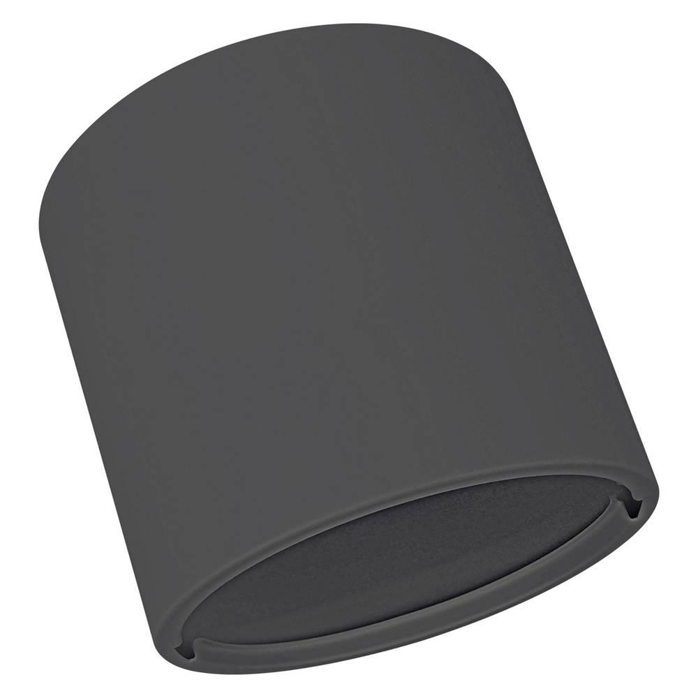 Schwarze zylindrische Wandleuchte mit matter Oberfläche, vor einem einfachen weißen Hintergrund gezeigt.