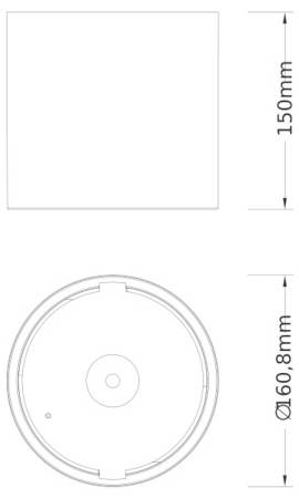 Technische Zeichnung einer Kreisscheibe: Vorderansicht 150 mm breit oben, und Draufsicht eines 160,8 mm Durchmesser großen Rundteils unten mit zentralem Loch und kleinen Kerben.