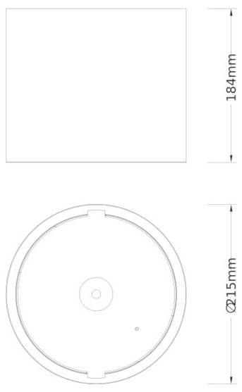 Technische Zeichnung einer kreisförmigen Vorrichtung: Die Draufsicht zeigt eine runde Einheit mit 215 mm Durchmesser, mit einer 184 mm großen quadratischen/rechteckigen Bezugsform darüber und Bemaßungslinien, die die Größe markieren.