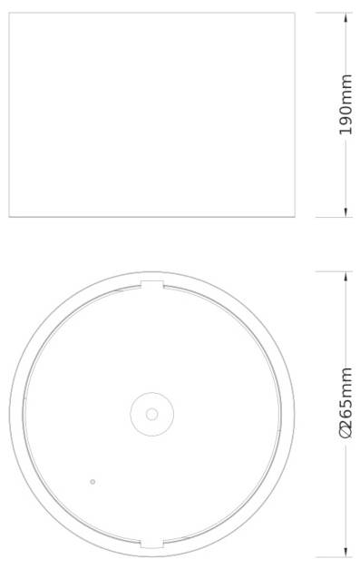 Technische Zeichnung einer runden Deckenleuchte, Vorder- und Seitenansicht mit Maßen: 265 mm Durchmesser und 190 mm Höhe.