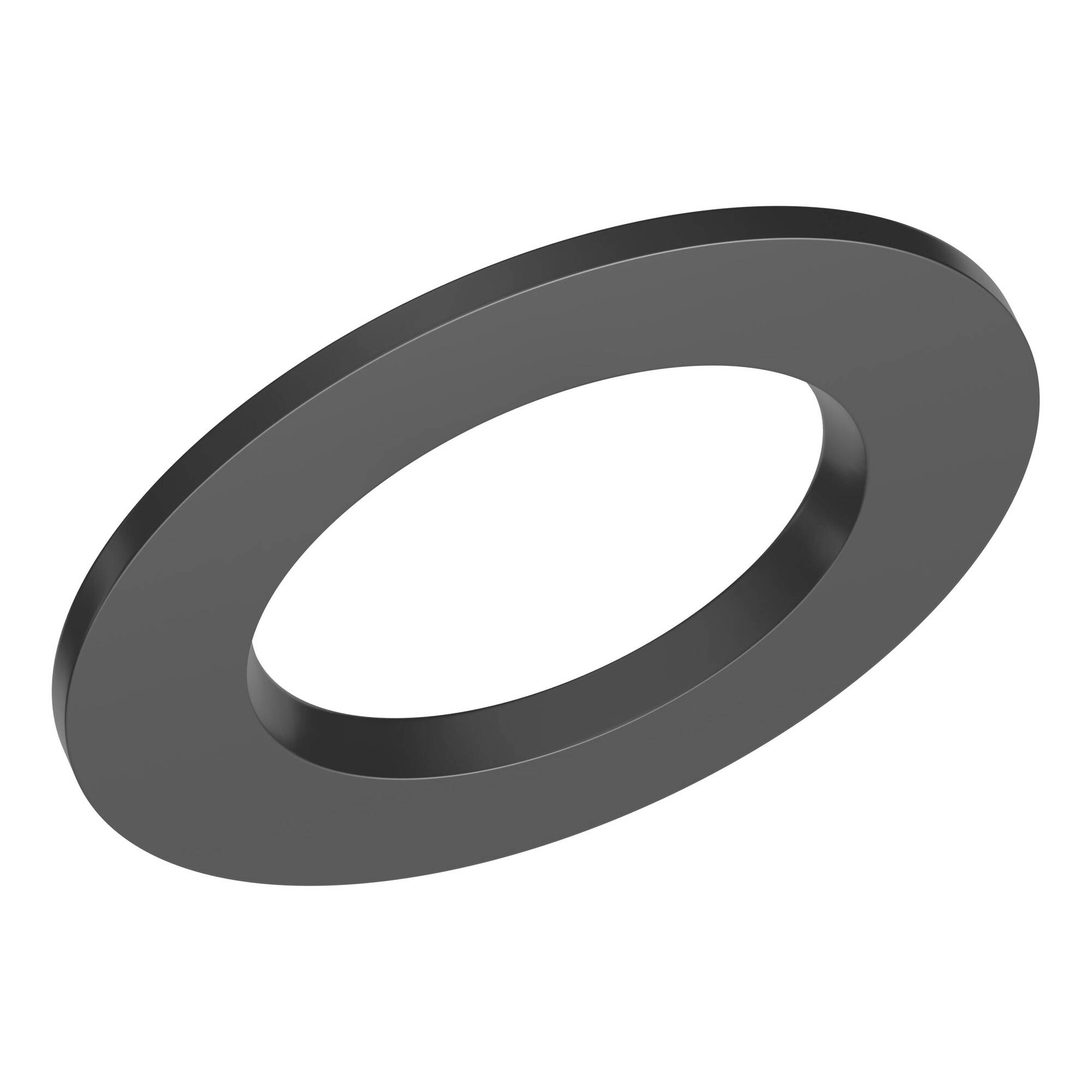 Dunkelgraue Metallunterlegscheibe oder Ring, in perspektivischer Ansicht auf weißem Hintergrund dargestellt.