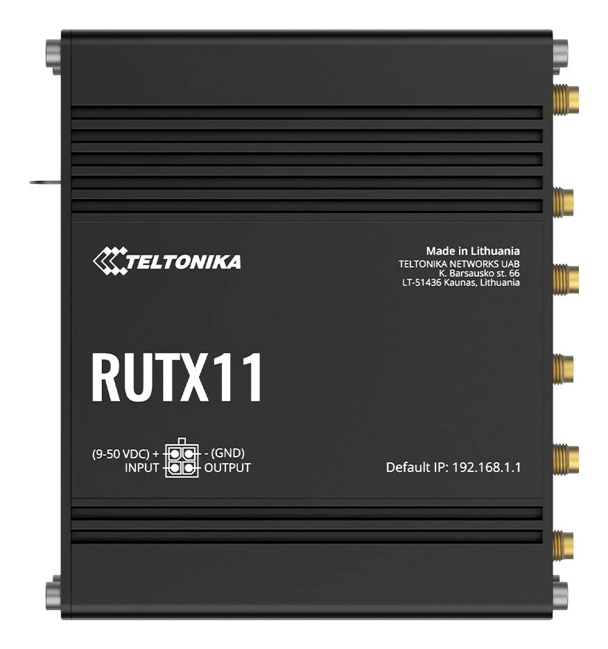 Schwarzer Teltonika RUTX11 Industrierouter mit mehreren vergoldeten Antennenanschlüssen und aufgedruckten Strom-, IP- und Herstellerkennzeichnungen