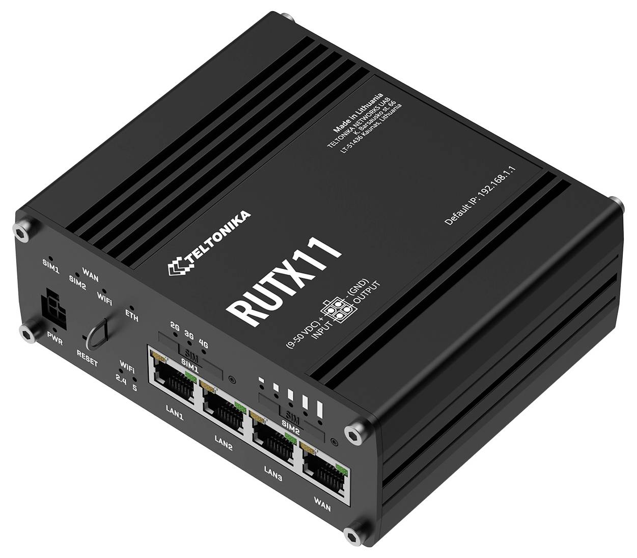 Schwarzer industrieller Teltonika RUTX11 Router mit mehreren Ethernet-Anschlüssen, WLAN und Stromversorgungs-/Reset-Verbindungen, in einer produktstilisierten Schrägansicht dargestellt.