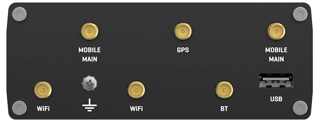 Rückseite eines Geräts mit gekennzeichneter Antenne und Anschlussanschlüssen: 'MOBILE MAIN' x2, 'GPS', 'WiFi' x2, 'BT' und 'USB'.