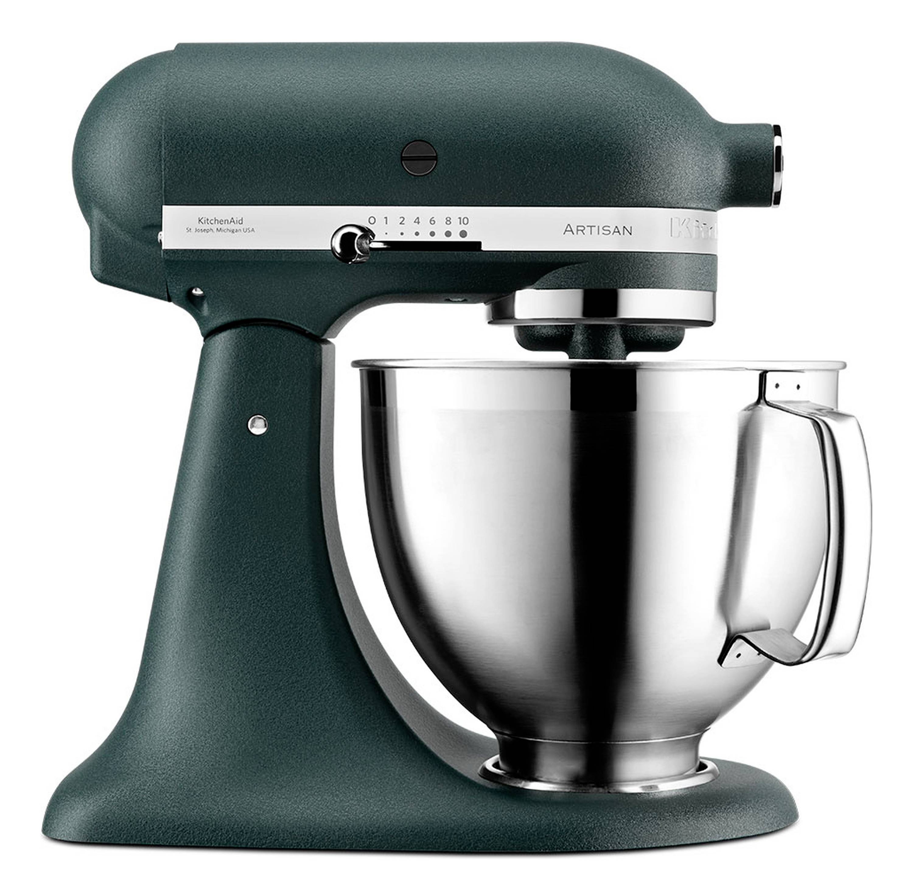 Dark green KitchenAid Artisan stand mixer with stainless steel bowl, shown in side view on a white background.