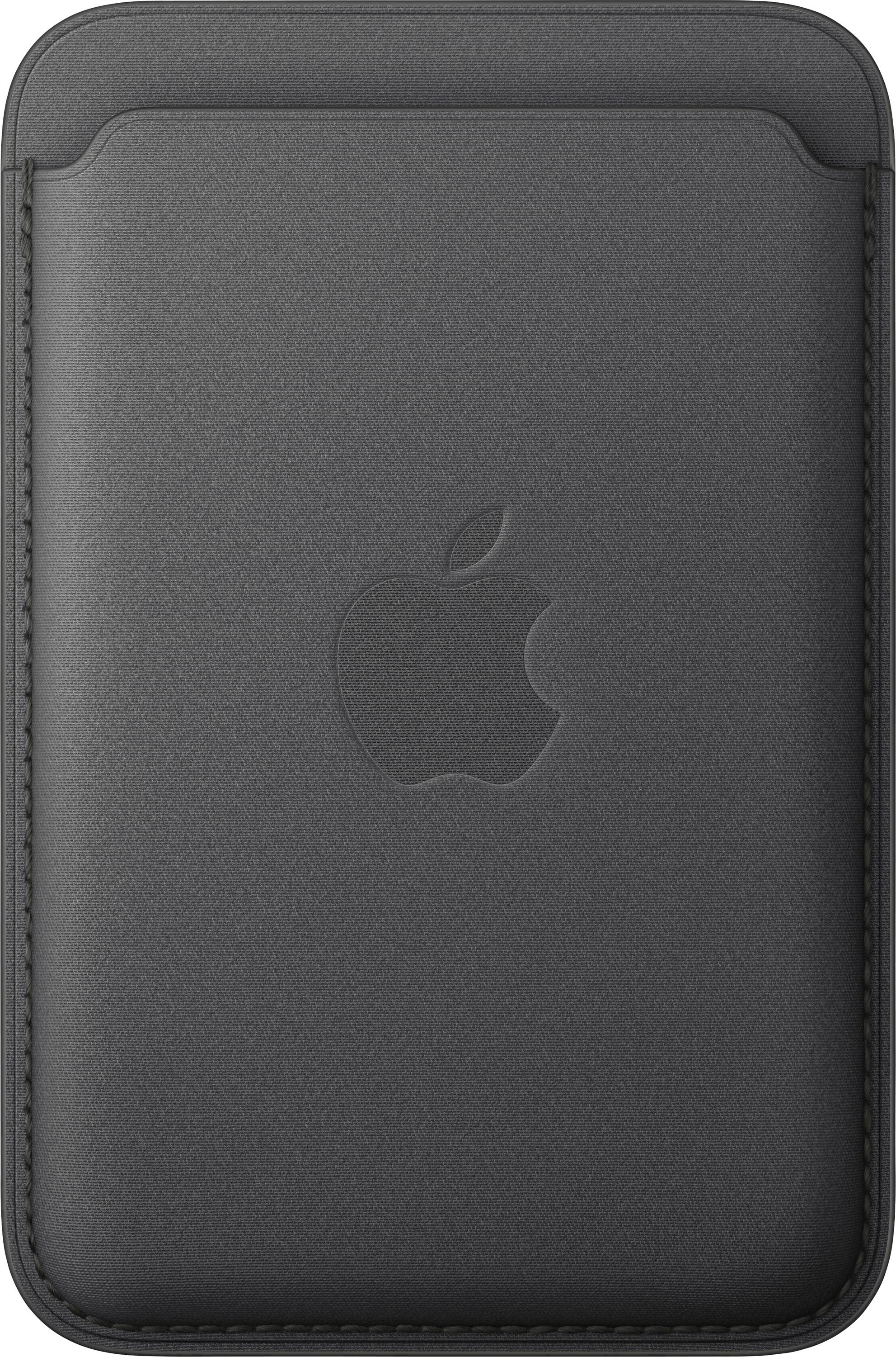 Graue, mit Apple-Logo versehene Schutzhülle oder Tasche für ein Tablet oder Laptop, in Vorderansicht mit geprägtem Apple-Logo dargestellt.