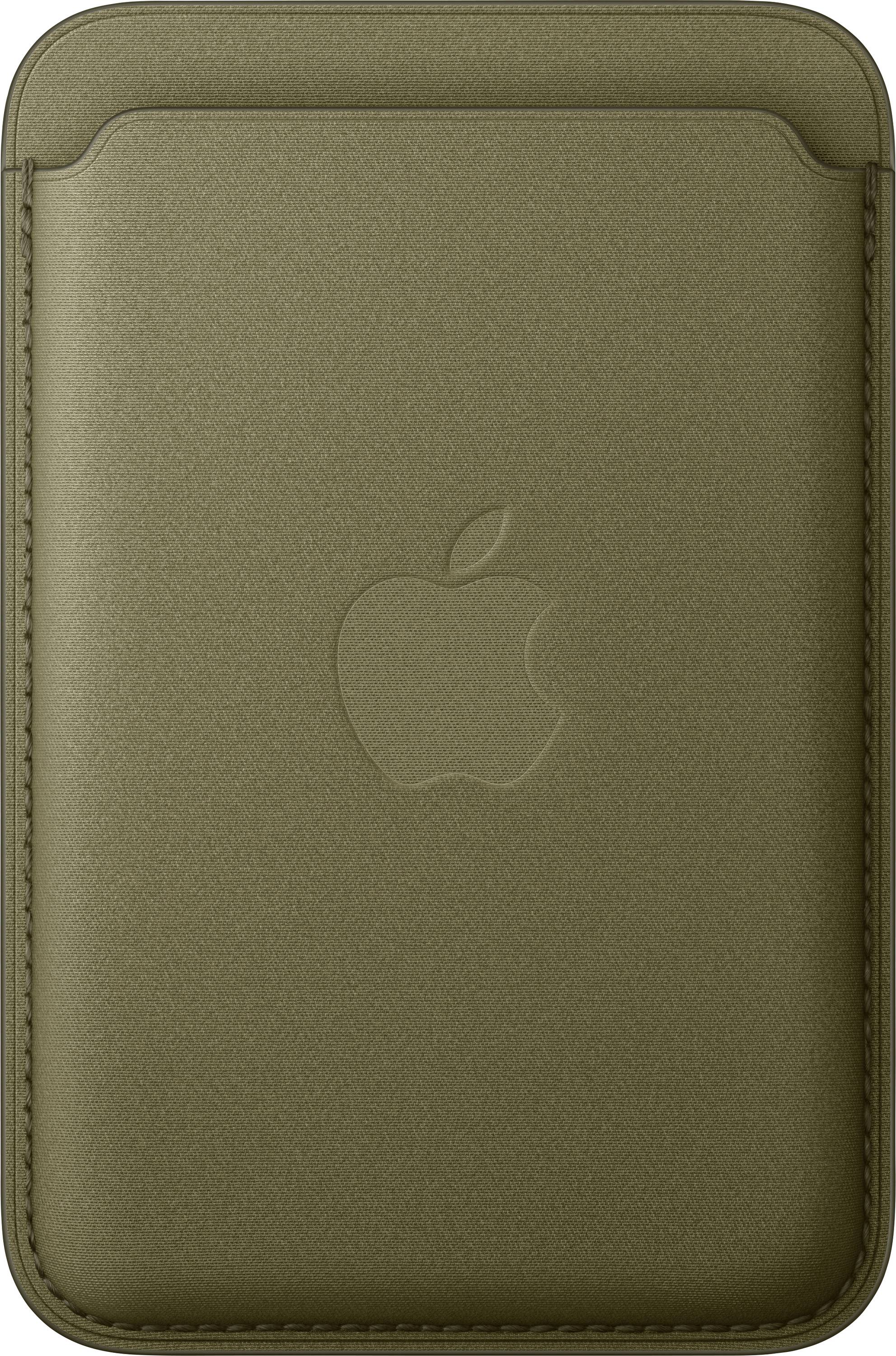 Olivgrüne Apple Ledertasche oder Schutzhülle mit geprägtem Apple-Logo, Vorderansicht auf einfachem Hintergrund.