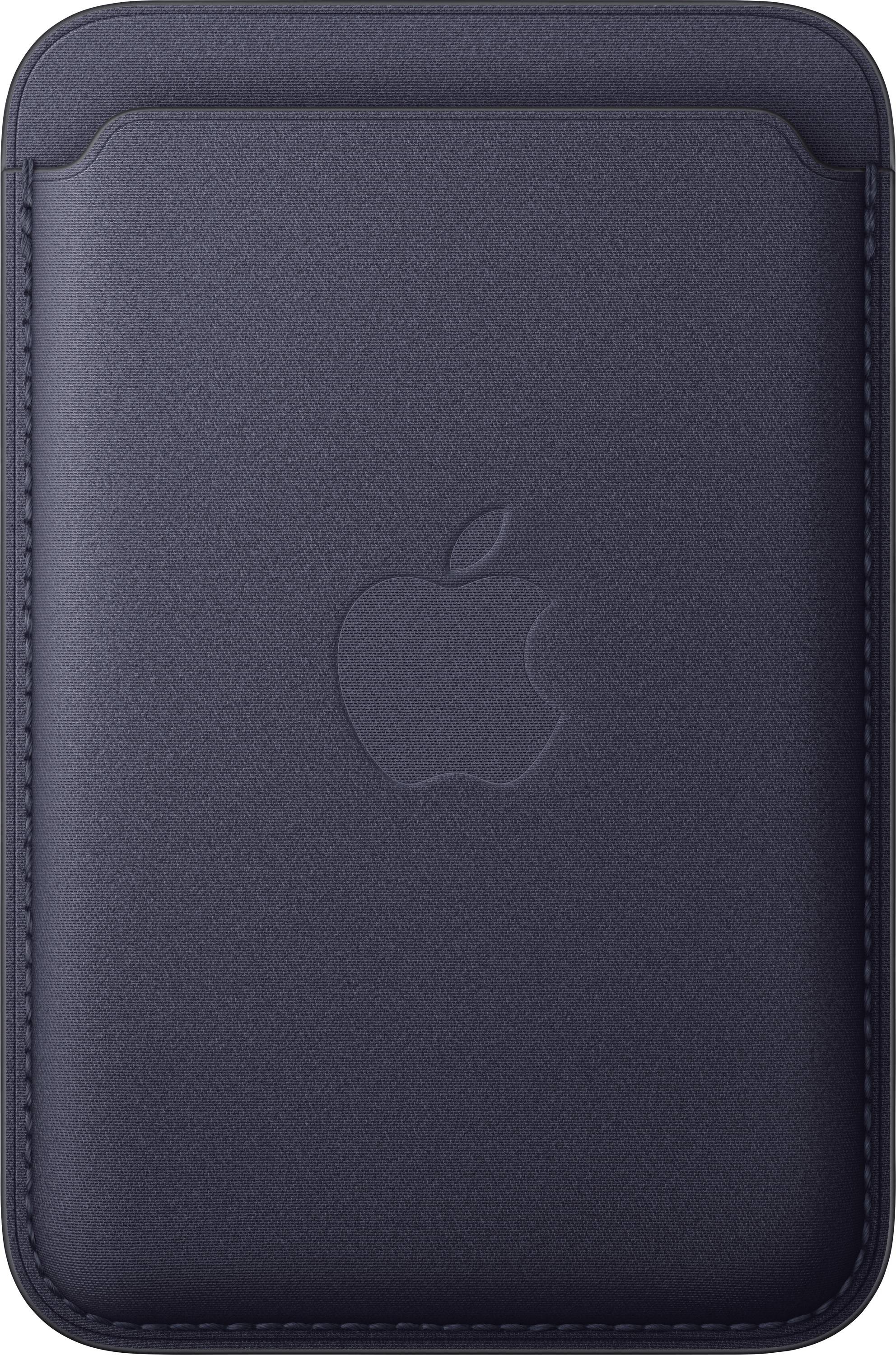 Dunkelblauer Apple-Laptop-Sleeve oder Tablet-Schutzhülle mit geprägtem Apple-Logo, Vorderansicht auf einfachem Hintergrund.