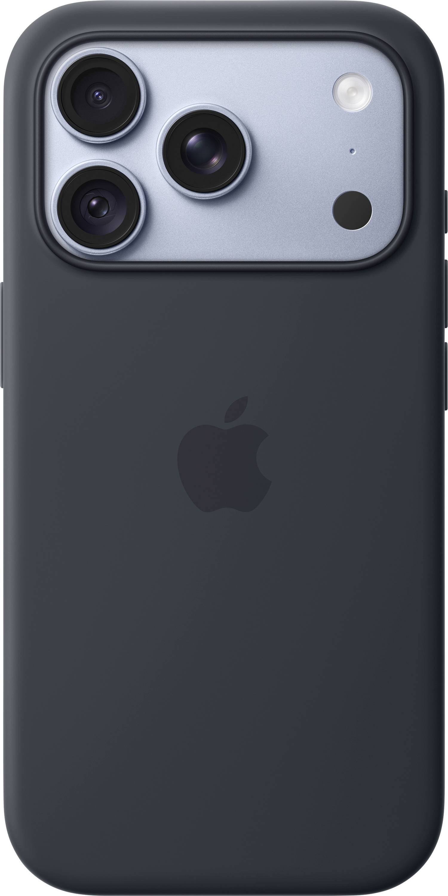 Nahaufnahme der Rückseite eines dunklen iPhones mit drei Kameraobjektiven, Blitz und Apple-Logo.