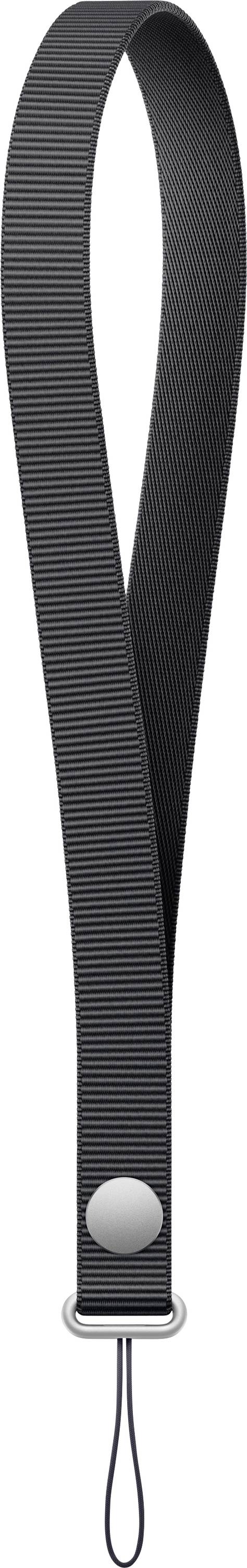 Schwarzer gewebter Kamera-Handgelenksgurt mit Metallring und verstellbarer Schlaufe.