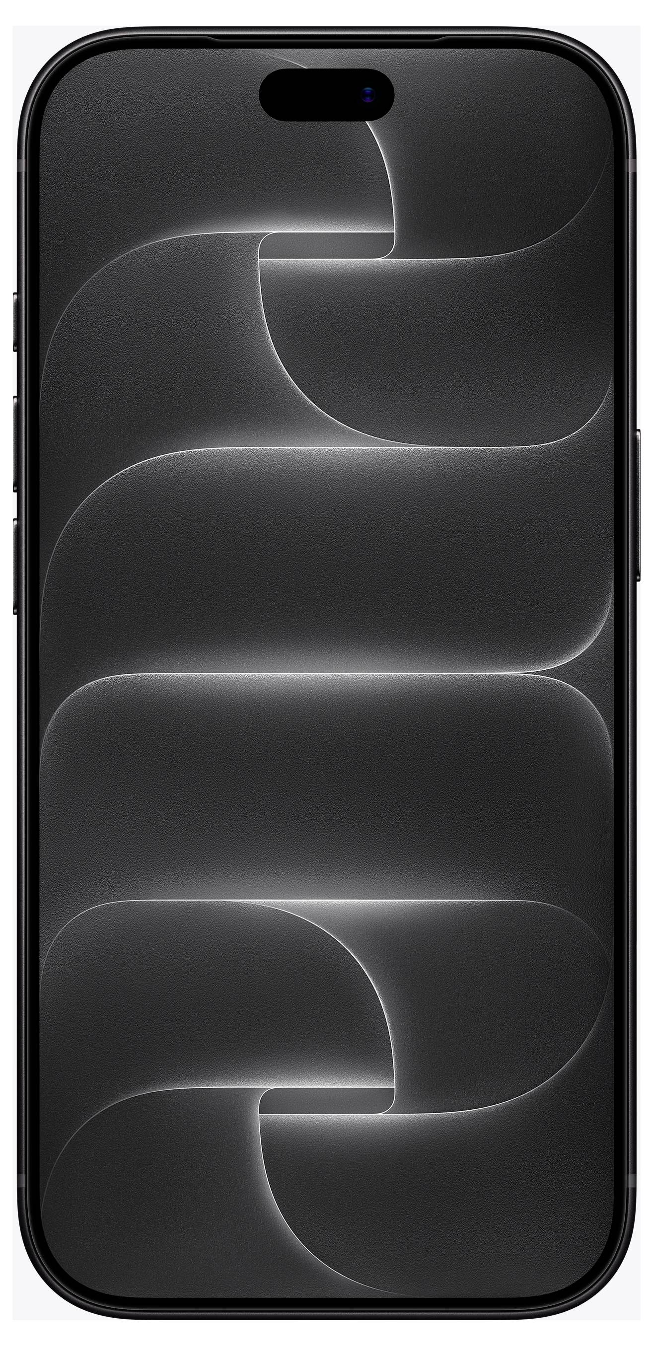 Schwarzes Smartphone von vorne gezeigt mit dunkelm abstraktem Hintergrundbild und zentriertem pillenförmigem Frontkamera-Ausschnitt.