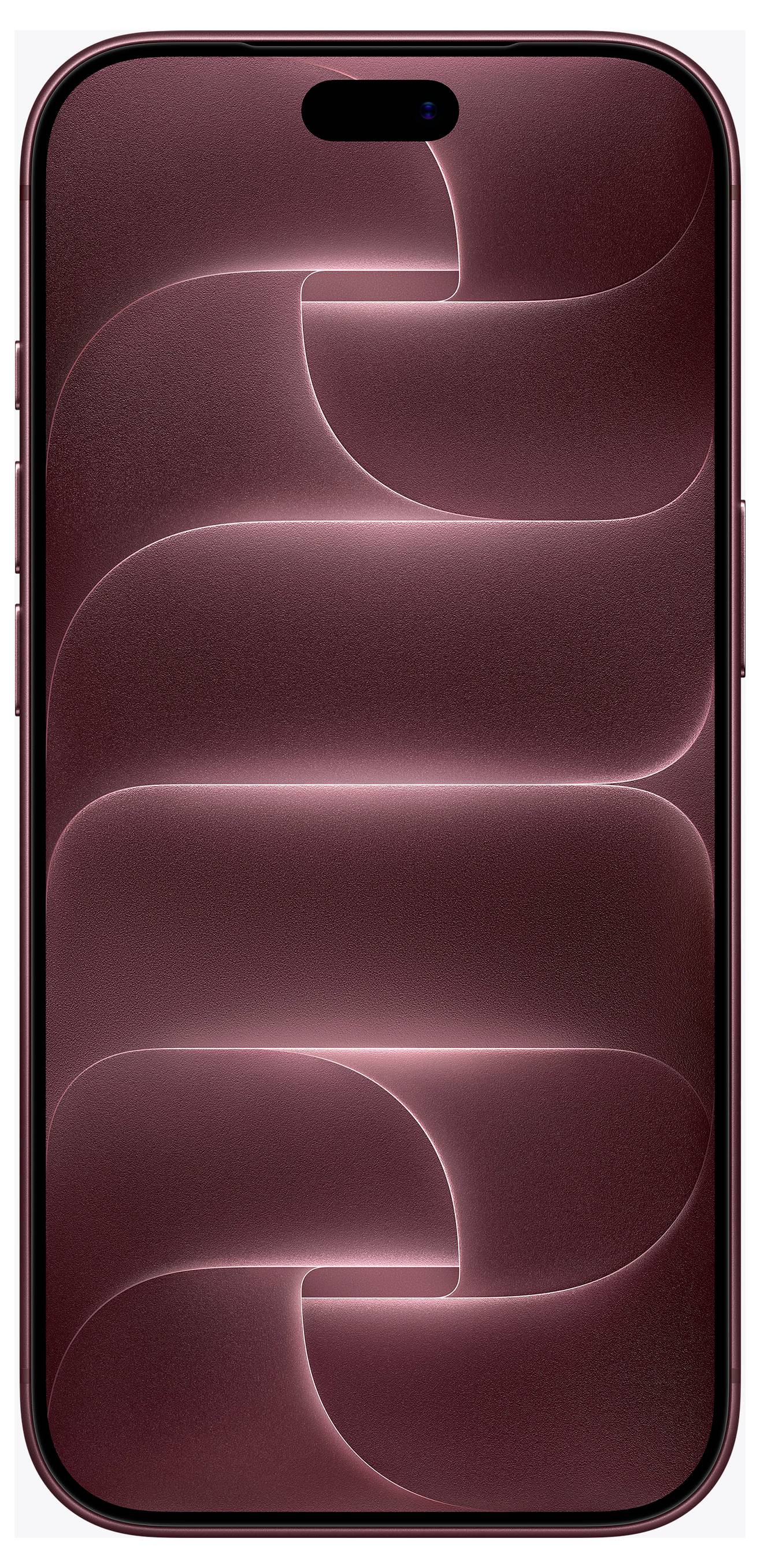 Frontansicht eines rot/rosa iPhones mit einer pillenförmigen Frontkamera-Ausschnitt, zeigt ein abstraktes kastanienbraunes Wellen-Hintergrundbild.