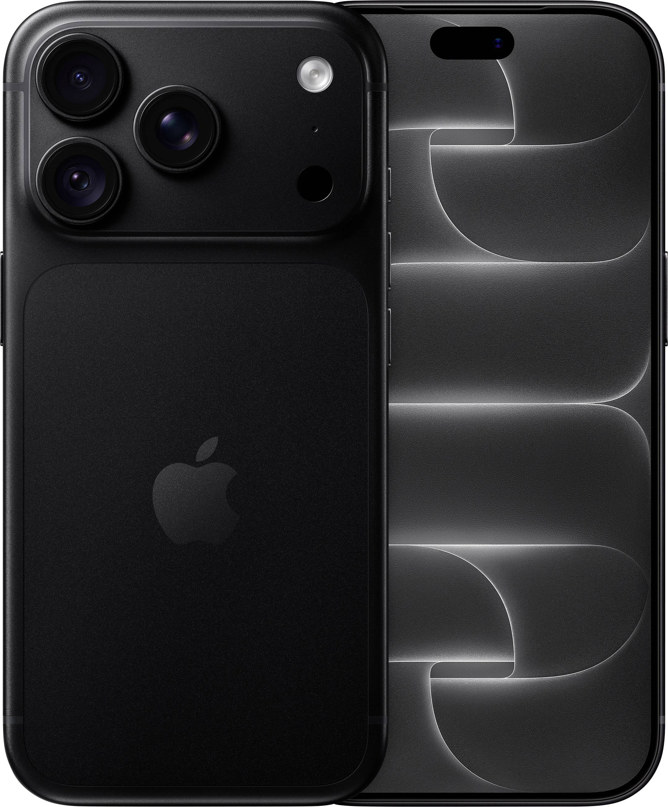 Schwarzes iPhone mit dreifacher hinterer Kamera von vorne und hinten gezeigt, mit einem dunklen abstrakten Hintergrund auf dem Display.